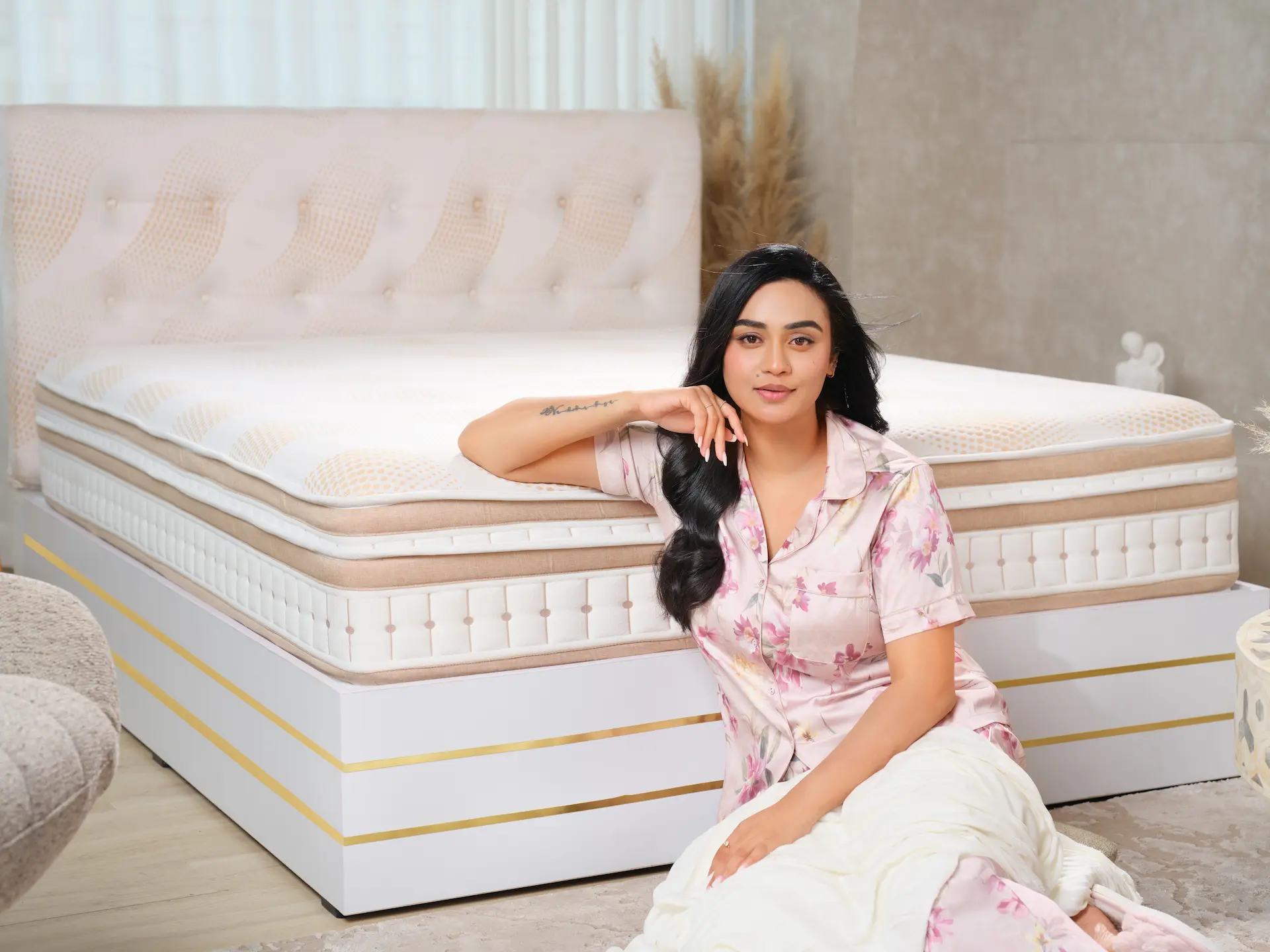 Luxury mattress closeup with breathable fabric layers